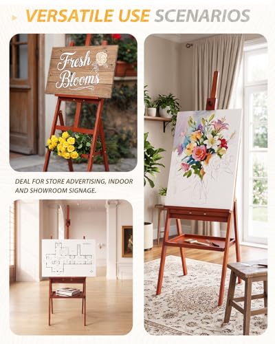 Painting Easel Stand with Storage Tray, 57"-72" Height Adjustable Art Easel | Non-foldable beech wood easel, H-frame artist easel stand for painting, Wooden floor easel holds canvas up to 36" - color: Walnut