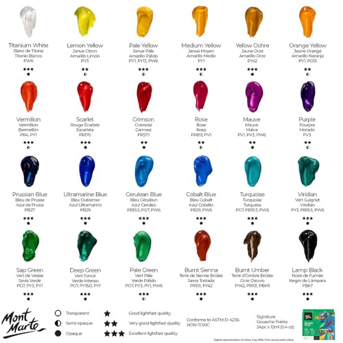 Mont Marte Signature Gouache Paint, 24 x 0.4oz (12ml), Semi-Matte Finish, 24 Colors, Suitable for use with Canvas, Watercolor Paper, Watercolor Paints and Mixed Media - size: 24 Colors (0.4 fl oz per color)