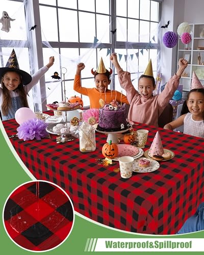 Smiry 8 Packs Gingham Disposable Table Cloth, 54 x 108 Inch Waterproof Plastic Tablecloth, Rectangle Black and Red Checkered Table Covers for Picnic, Birthday, Party - color: Black and Red, size: 54"x108" (Pack of 8)