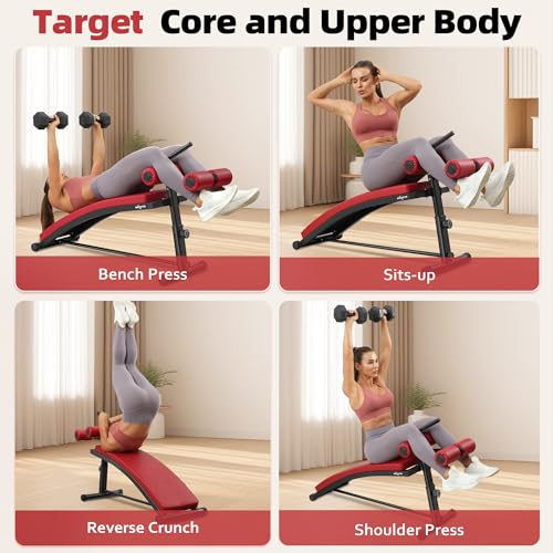 BODY RHYTHM Sit Up Bench with 4 Adjustable Heights and Reverse Crunch Handle, Curved Ab Workout Bench for Home Gym, Adjustable Weight Bench for Core Workouts and Decline Bench Press, Suitable for Individuals Up to 5.9ft Tall. - color: Red