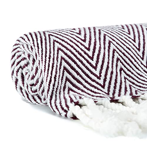 Chanasya Premium Chevron Super Soft Acrylic Throw Blanket with Tassels Cozy Lightweight Fluffy Woven Blanket for Bed Sofa Chair Couch Living Bed Room Deep Red and White Blanket (50x65 Inches) Wine - color: Wine