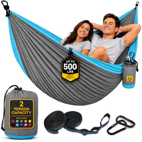 Durable Hammock 500 lb Capacity, Nylon Camping Hammock Chair - Double or Single Sizes w/Tree Straps and Attached Carry Bag - for Travel/Backpacking/Beach/Backyard (Large, Light Grey & Sky Blue) - color: Light Grey & Sky Blue, size: Large