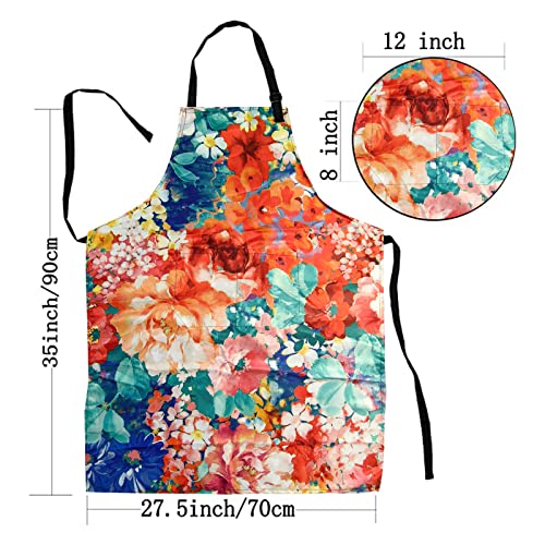 Adjustable Waterproof Apron Bib Apron with 2 Pockets Cooking Kitchen Aprons for Women Men Chef - color: Flowers