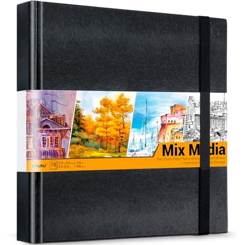 Ohuhu 8.3"x8.3" Mix Media Pad Art Sketchbook 78 Sheets for Painting Drawing | Square Sketch Book - 120 LB/200 GSM Heavyweight Paper -Hardcover Mixed Media Sketch Pad for Watercolor Acrylic Christmas Gift - size: 8.3" x 8.3"