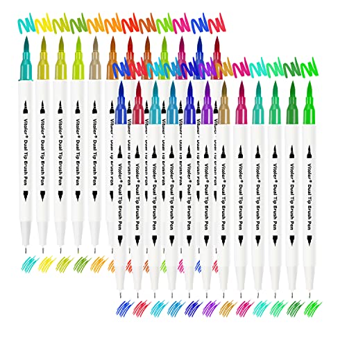 Vitoler Colored Markers Highlighters Dual Tip Brush Pens,Fine Tip Markers & Fine Point Art Pens for Adult Coloring Drawing Planner Art Craft Supplies (24 Brush Pens Set) - color: 24 Colors