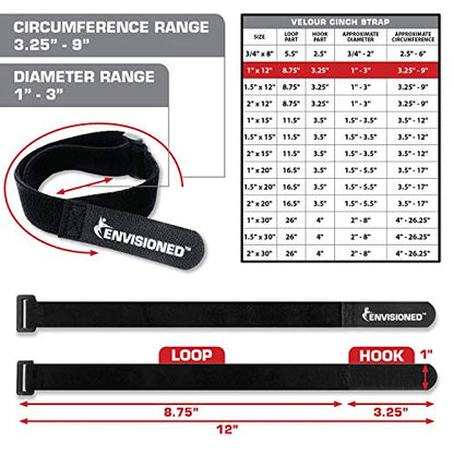 Velour Cinch Straps 1" x 12" - 10 Pack, Soft Touch Microfiber Reusable Hook and Loop - Plus 2 Free Bonus Reusable Cable Ties - size: 1" x 12"