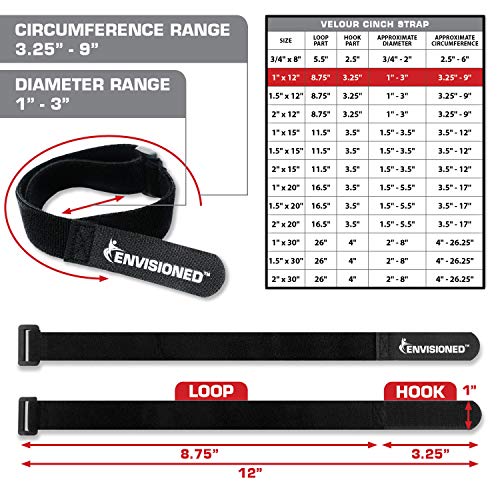 Velour Cinch Straps 1" x 12" - 10 Pack, Soft Touch Microfiber Reusable Hook and Loop - Plus 2 Free Bonus Reusable Cable Ties - size: 1" x 12"