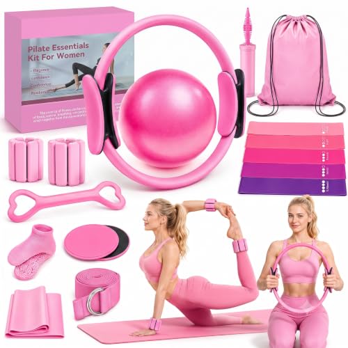 Pilates Kit for Home Workouts – Pilates Equipment Set with Ring, Ball, Resistance Bands, Pilates Accessories, Pilates Essentials Kit for Women, Pilates Sets for Home Exercise - color: pink