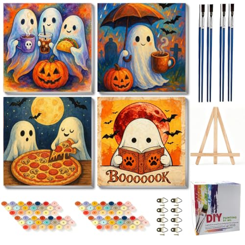Canrichshop 4 Packs Halloween Ghost Framed Paint by Numbers Kit for Adults with Wooden Easel & Color Box,Ghost DIY Painting by Number on Canvas Gift,Easy Oil Acrylic Paint Prezzie 8x8inch - color: BKH2449+BKH2450+BKH2451+BKH2452