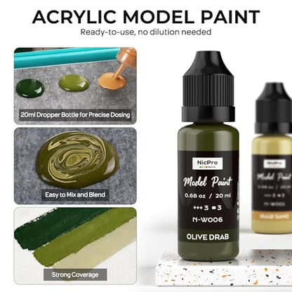 Nicpro 10 Colors WWII U.S. Model Paint Set, 20ml Ready to Use | Modeling Acrylic Paints, Brush & Airbrush, Miniature Paint for American Armour, Tank, Vehicles & Infantry Figure with Thinner - style: WWII U.S.