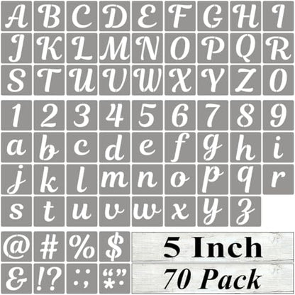 5 Inch Letter Stencils for Painting - 70 Pack Alphabet Letter and Number Stencil Templates with Signs for Painting, Reusable Cursive Alphabet Stencils for Chalkboard Wood Crafts & Wall Decor - size: 5 Inch