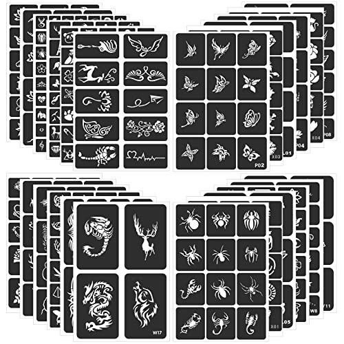 24 Sheets Henna Stencils for Kids Teens Adults | 400+ Reusable Tattoo Stencils, Glitter Tattoo Stencils For Face Hand Back
