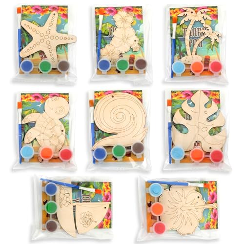 Saypacck 24 Pcs Hawaiian Party Favors Wooden Paint Craft Kits | Summer Tropical Party, Wooden DIY Painting Activity Sets with Organza Bags, Goodie Bag Fillers for Kids Guests - style: Hawaiian