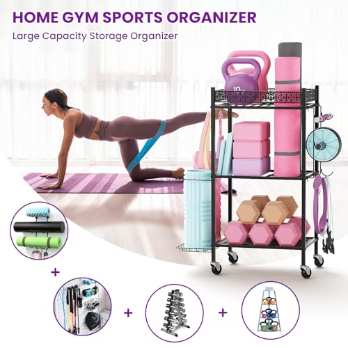 VOPEAK Home Gym Storage Rack, 3-Tier Yoga Mat Storage with Wheels & Hooks | 200 lbs steel rack with lockable casters & side hooks. 3-tier fits yoga mats & dumbbells — 10-min assembly - color: BLACK