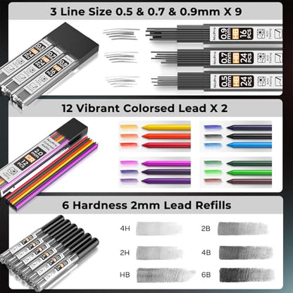 Nicpro 37PCS Metal Mechanical Pencil Set with 30PCS Art Mechanical Pencil Set in Leather Case