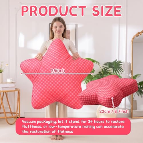 35 Inch Pink Star Floor Pillow, Oversized Plaid Cushion for Bedroom | 8 Inch Thick Polyester Fill, Machine Washable, Cozy Reading Nook Seat, Dorm Room Lounge Accent, Plush Support for Relaxing