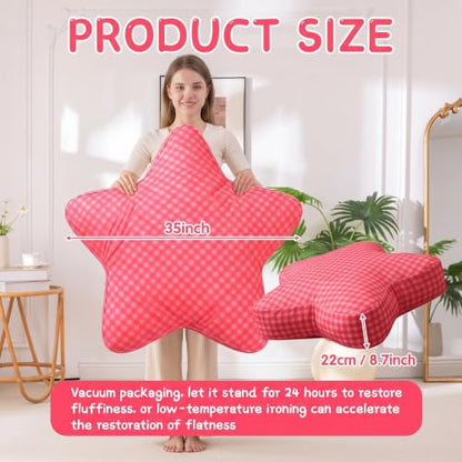 35 Inch Pink Star Floor Pillow, Oversized Plaid Cushion for Bedroom | 8 Inch Thick Polyester Fill, Machine Washable, Cozy Reading Nook Seat, Dorm Room Lounge Accent, Plush Support for Relaxing