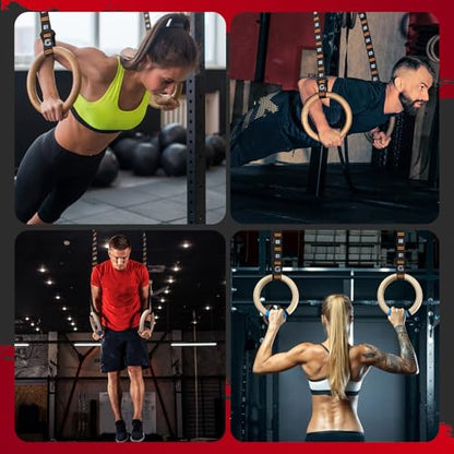 Gonex Wooden Gymnastic Rings with Adjustable Straps, 8.7 ft | Birch Wood Rings, Quick-adjust Carabiners Buckle Numbered Straps, Home Gym & Outdoor Training, Full-body Strength Workouts - style: 32mm Birch Wooden Ring & Carabiner Numbered Straps