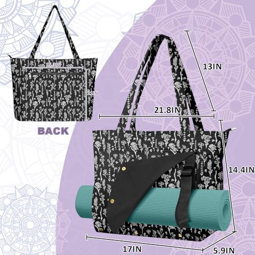 Yoga Bag for Women, Large Canvas Yoga Mat Tote Bag with Yoga Mat Carrier - color: Black Flowers-2