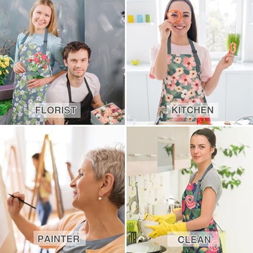 BOUMUSOE 3 Pack Floral Aprons with Pocket, Blooming Womens Aprons | Waterproof Adjustable Cooking Aprons for Kitchen Gardening and Salon - color: Red, Green, Pink