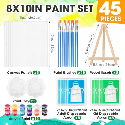 ESRICH 5 Pack 8x10 Canvas and Easel Set, Mini Acrylic Paint, Paint Brushes, Palettes, Aprons, Paint Kits for Adults Couples Friends Date Night Painting Party Supplies