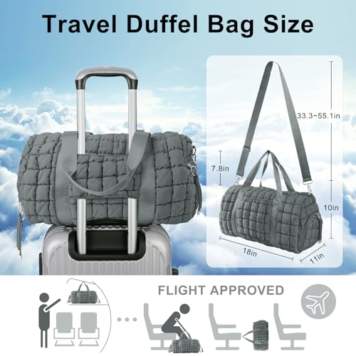 Quilted Travel Duffle Bag Gym Bag for Women,Large Puffer Duffle Weekender Bag with Compartment,Workout Overnight Carry on Organizer Bag Duffle Bag for Airplane Travel(Grey) - color: Grey, size: Medium