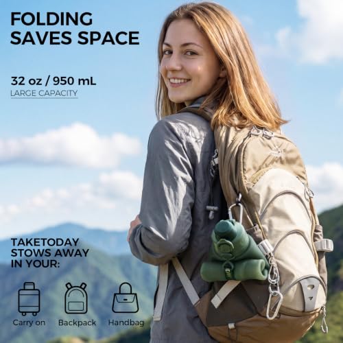 TakeToday Collapsible Water Bottles, Foldable for Travel, 32oz, Black | Compact Foldable Travel Bottle with Straw, TSA-Approved Leakproof Silicone, BPA-Free for Hiking & Outdoors - color: Black