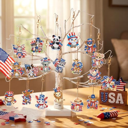 WILLBOND 30 Pcs 4th of July Animals Diamond Art Keychain Kits for Adults Independence Day Patriotic Diamond Painting Keyring Double Sided American Flag Red White Blue Hanging Ornaments for DIY Crafts - color: 4th of July
