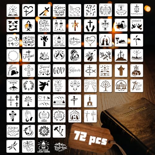 72 PCS 3x3 Inch Religion Christian Stencils for Painting - Religious Jesus Christ Cross Angels God Reusable Painting Templates on Wood, Glass, Fabric, Window Door Decor DIY Decoration - style: 72PCS Religion