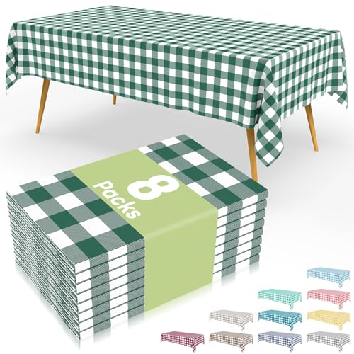 Smiry 8 Packs Gingham Disposable Table Cloth, 54 x 108 Inch Waterproof Plastic Tablecloth, Rectangle Hunter Green and White Checkered Table Covers for Picnic, Birthday, Party - color: Hunter Green and White, size: 54"x108" (Pack of 8)