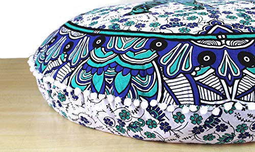 ICC 32 Inch Floor Pillows & Cushions Covers Decorative Hippie Mandala Pouf Pillow Covers Bohemian Seating Meditation Cushion Cover Large Boho Ottoman Case Pillowcase for Couch White Blue - color: White Blue