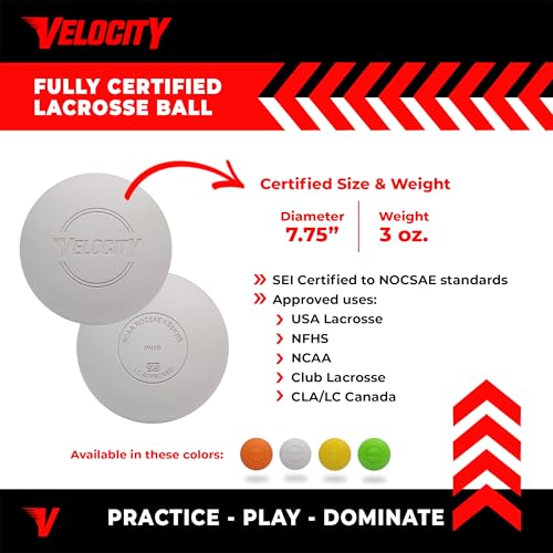 Velocity Lacrosse Balls - Practice Balls, Official NFHS, SEI, and College Approved Size - Meets NOCSAE Standard - Approved Competition Colors - Case of 60 & 120 with Ball Bag - color: White, size: 60 Balls + Bag, style: Practice Ball