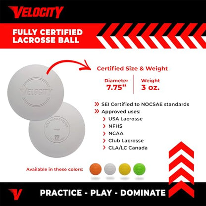 Velocity Lacrosse Balls - Practice Balls, Official NFHS, SEI, and College Approved Size - Meets NOCSAE Standard - Approved Competition Colors - Case of 60 & 120 with Ball Bag - color: White, size: 60 Balls + Bag, style: Practice Ball