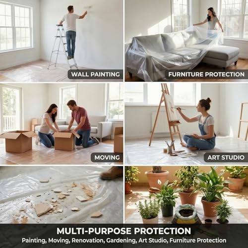 6 Pack Plastic Drop Cloths for Painting, 9 x 12 FT Clear Painters Plastic Sheeting, Disposable Drop Cloth for Floor, Furniture, Couch & Carpet Protection - color: 6 - Pack