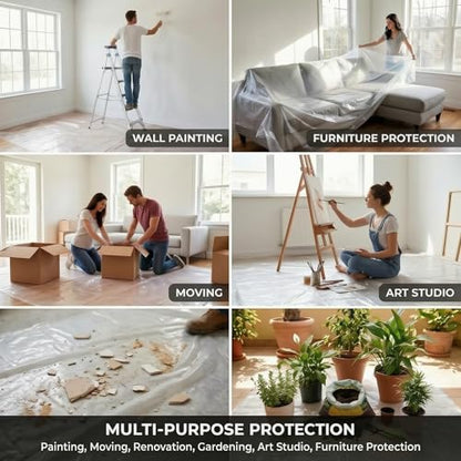 6 Pack Plastic Drop Cloths for Painting, 9 x 12 FT Clear Painters Plastic Sheeting, Disposable Drop Cloth for Floor, Furniture, Couch & Carpet Protection - color: 6 - Pack