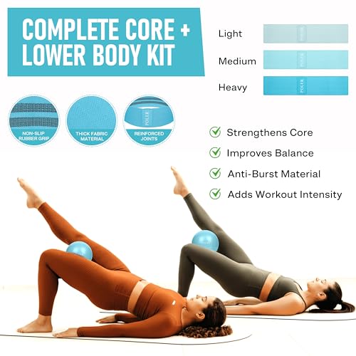 Poler Booty Resistance Bands Set for Women – 3 Fabric Bands (Light, Medium, Heavy) + Pilates Ball – Non-Slip Glute & Leg Workout Kit for Home Fitness, Yoga & Strength Training - color: Blue
