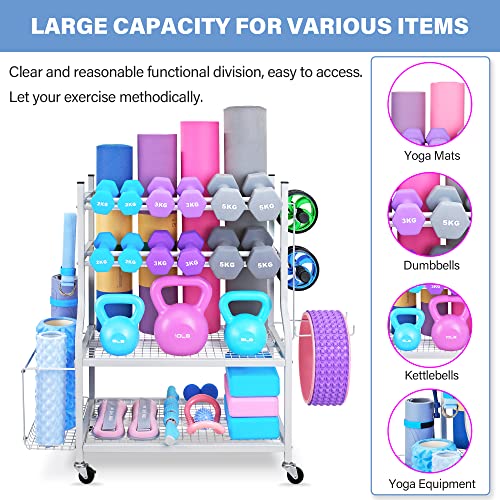 Dumbbell Rack - Weight Rack for Dumbbells, Home Gym Storage Rack for Yoga Mat, Dumbbells and Kettlebells, All in One Workout Equipment Storage with Caster Wheels (Hold Up to 450 Lbs)