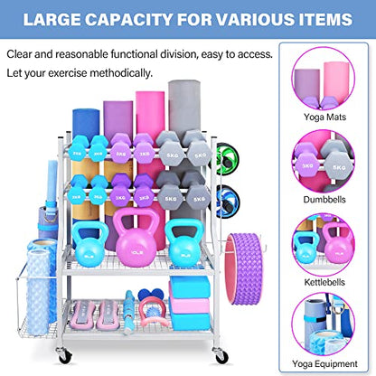 Dumbbell Rack - Weight Rack for Dumbbells, Home Gym Storage Rack for Yoga Mat, Dumbbells and Kettlebells, All in One Workout Equipment Storage with Caster Wheels (Hold Up to 450 Lbs)