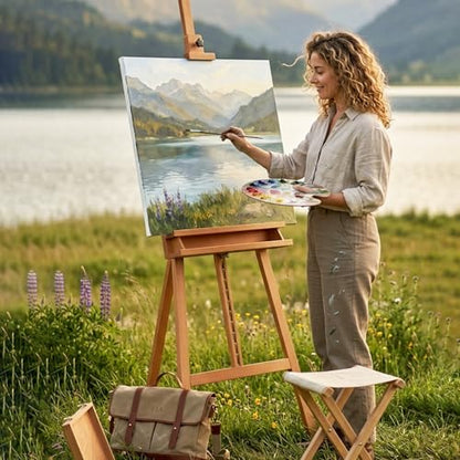 Large A-Frame Solid Beechwood Studio Easel for Painting | Adjustable Artist Easel with Storage Drawer, Display Easel Stand Holds Canvas Up to 48 Inches, Brown - style: Brown