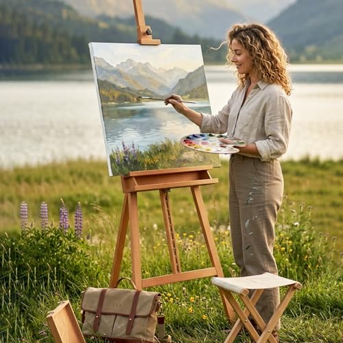 Large A-Frame Solid Beechwood Studio Easel for Painting | Adjustable Artist Easel with Storage Drawer, Display Easel Stand Holds Canvas Up to 48 Inches, Brown - style: Brown