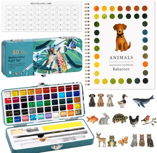 Babaroce Watercolor Paint Set with Workbook Watercolor Art Kit with Guided Painting Book – 50 Shade Paint Set for Adults & Beginners with Brushes & Metallic Tones(Animals, with 50 Color Box) - size: 1 Count (Pack of 1)