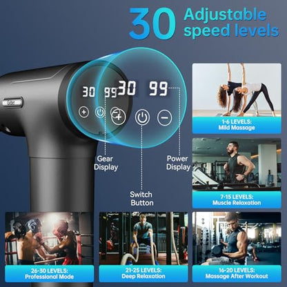 Gvber Massage Gun Deep Tissue 30 Speeds 6 Heads, Grey | Quiet Handheld Percussion Massager for Back & Shoulder Pain, Ideal Gifts for Mom & Dad, Travel & Office, Athletes & Home Gym