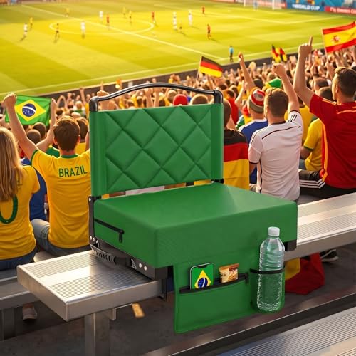 Stadium Seats with Back Support and Cushion Thick Padded Bleacher Chairs with Shoulder Strap, Portable Folding Stadium Seat Chairs for Bleachers Include Cup Holder and Side Pocket, Green - color: With Pocket-green, size: 1pcs