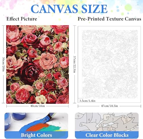 ZRIZQ Flowers Paint by Numbers Kit for Adults Beginner,Roses,16x20 | Full set with wooden brushes,rolled canvas,rich paints.Calming activity.Beginner friendly.Just open and paint. - color: 16"X20"Rolled Canvas(Without Frame)-Roses