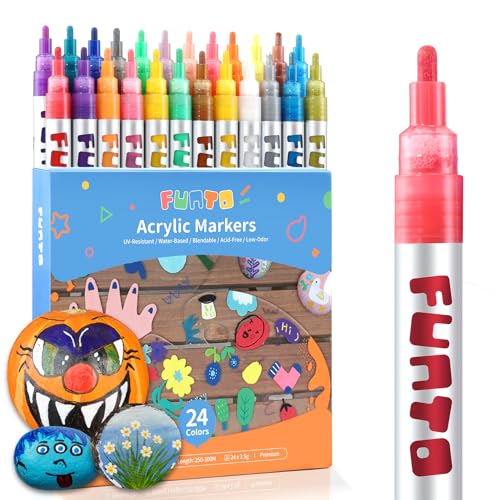 Funto Acrylic Paint Pens for Rock Painting, Fabric, Wood, Canvas, Metal, Ceramic, Glass, 24 Colors Paint Marker Set, Non-Toxic, Quick Drying - color: 24 Colors