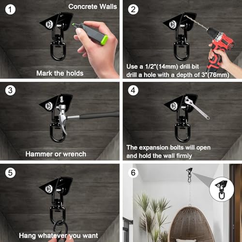 Hammock Hanging Kit Heavy Duty 360° Rotating Hanging Swing Hooks Stainless Steel Hammock Chair Hanging Kit Swing Ceiling Hook Snap with 1200LB Capacity for Yoga, Gym, Wood, Concrete (Black) - color: Black