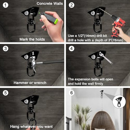 Hammock Hanging Kit Heavy Duty 360° Rotating Hanging Swing Hooks Stainless Steel Hammock Chair Hanging Kit Swing Ceiling Hook Snap with 1200LB Capacity for Yoga, Gym, Wood, Concrete (Black) - color: Black