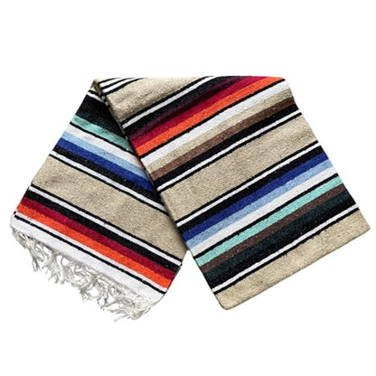 Open Road Goods Authentic Mexican Serape Blanket – 100% Cotton Falsa Throw - Multi-Color Handmade Blanket/Classic Striped Falsa Beach Blanket (Tan/Beige) - color: Tan/Beige