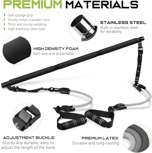 Pilates Bar Kit with 6 Latex Resistance Bands, Adjustable Exercise Bar - color: Black