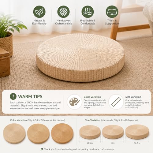 Round Tatami Floor Pillow, Handwoven Straw Cushion, Dia: 15.7" | Natural, Eco-friendly, Lightweight, Anti-Slip, Breathable, for Apartment Living Room Meditation Patio Outdoor Window Seat - size: 15.7''